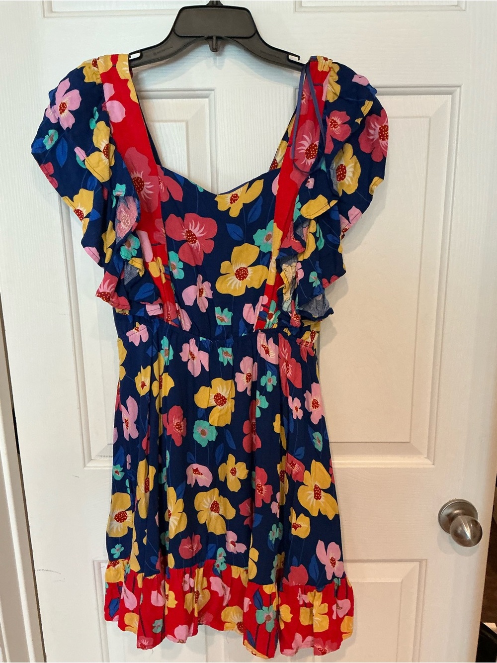 white birch Navy Floral Ruffle Mini Dress with Red Trim